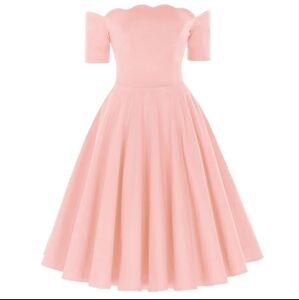 Belle Poque Retro Vintage Short Sleeve Off Shoulder Swing Dress in Pink Size S